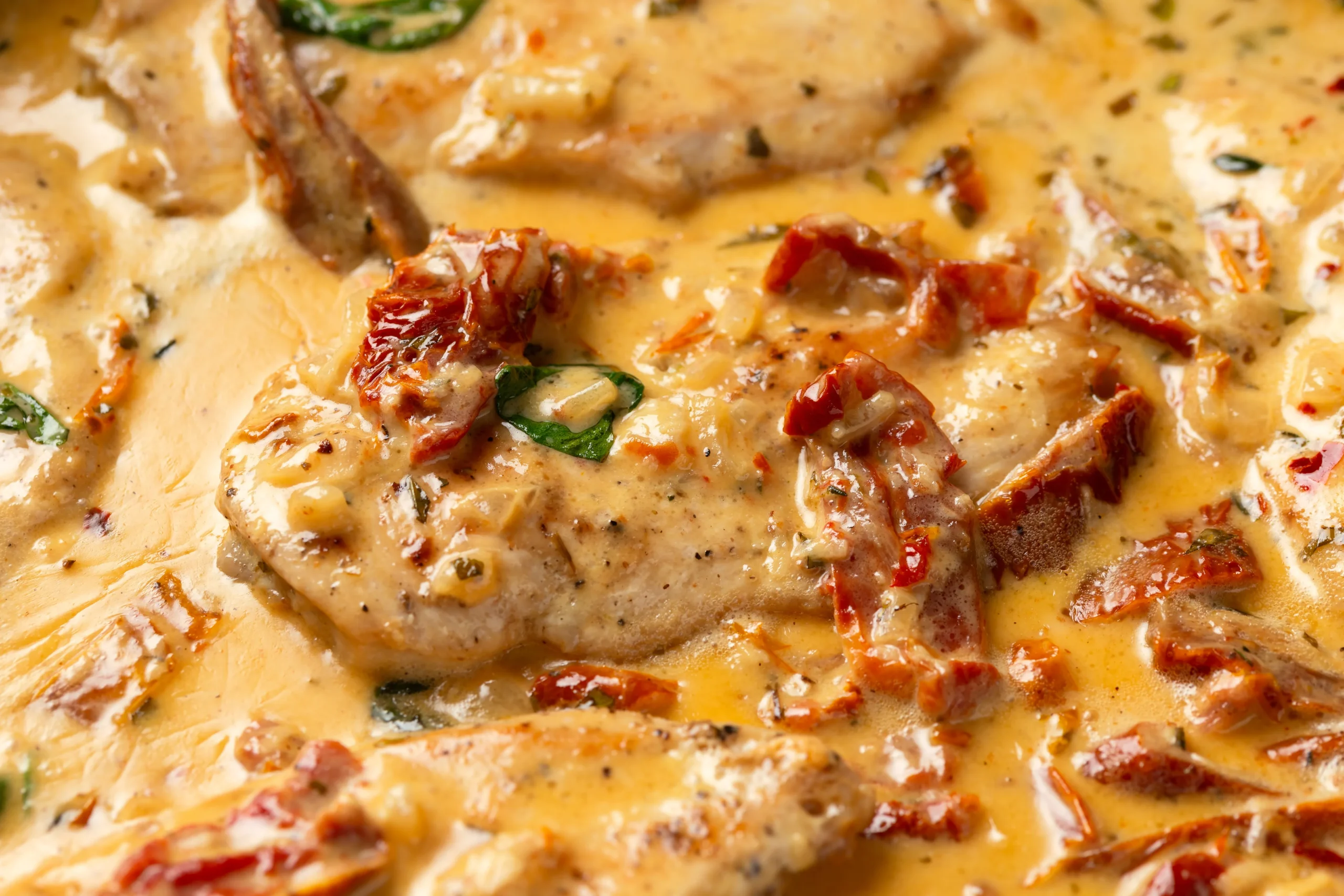 Shredded rotisserie chicken and spinach in a creamy sun-dried-tomato sauce.