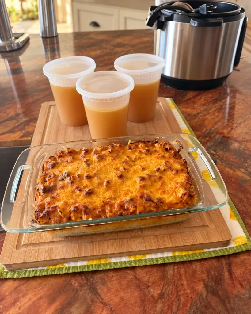 Coronation chicken casserole with three containers of homemade chicken stock and a pressure cooker.
