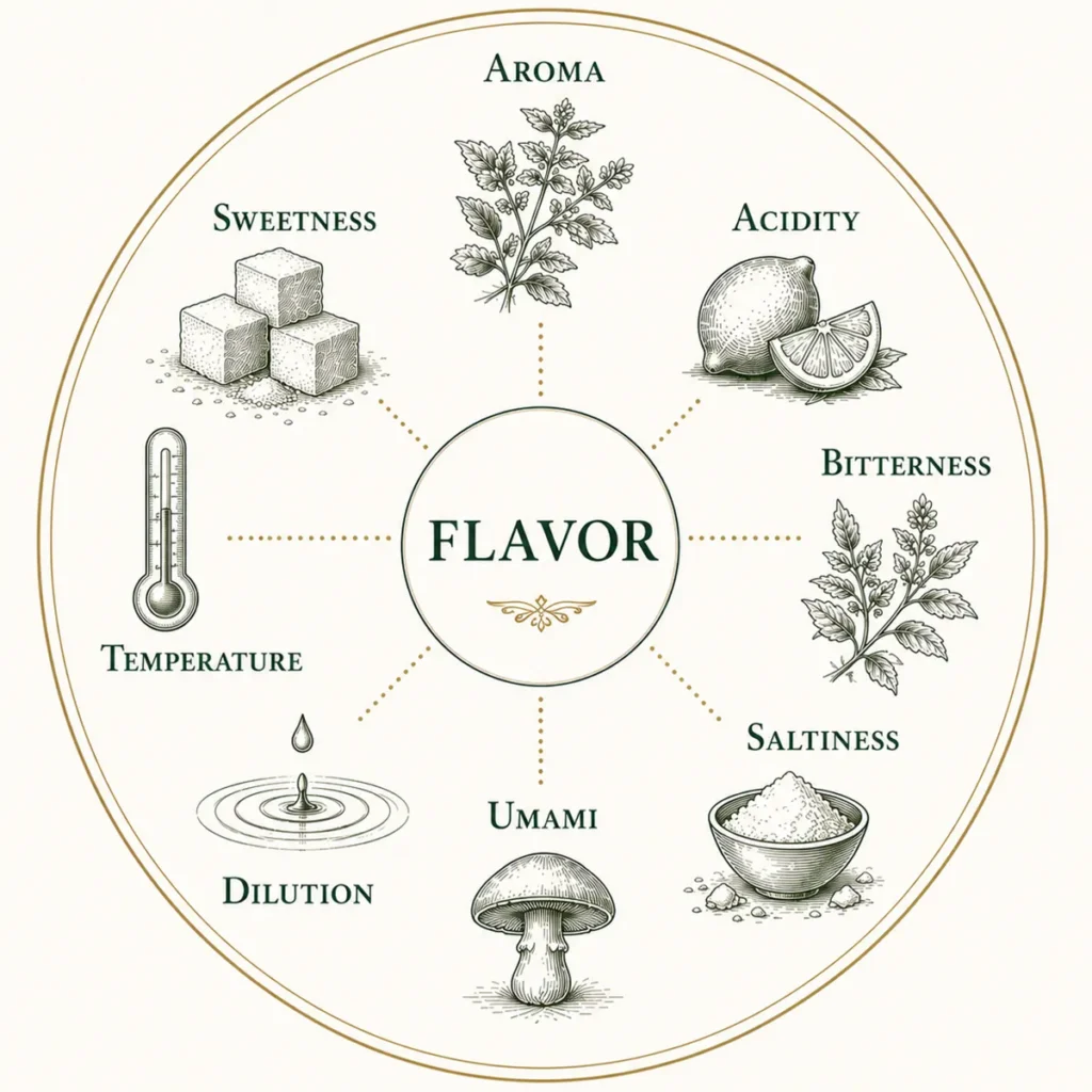 Diagram showing the elements that build flavor, including aroma, taste, texture, temperature, dilution, and time.