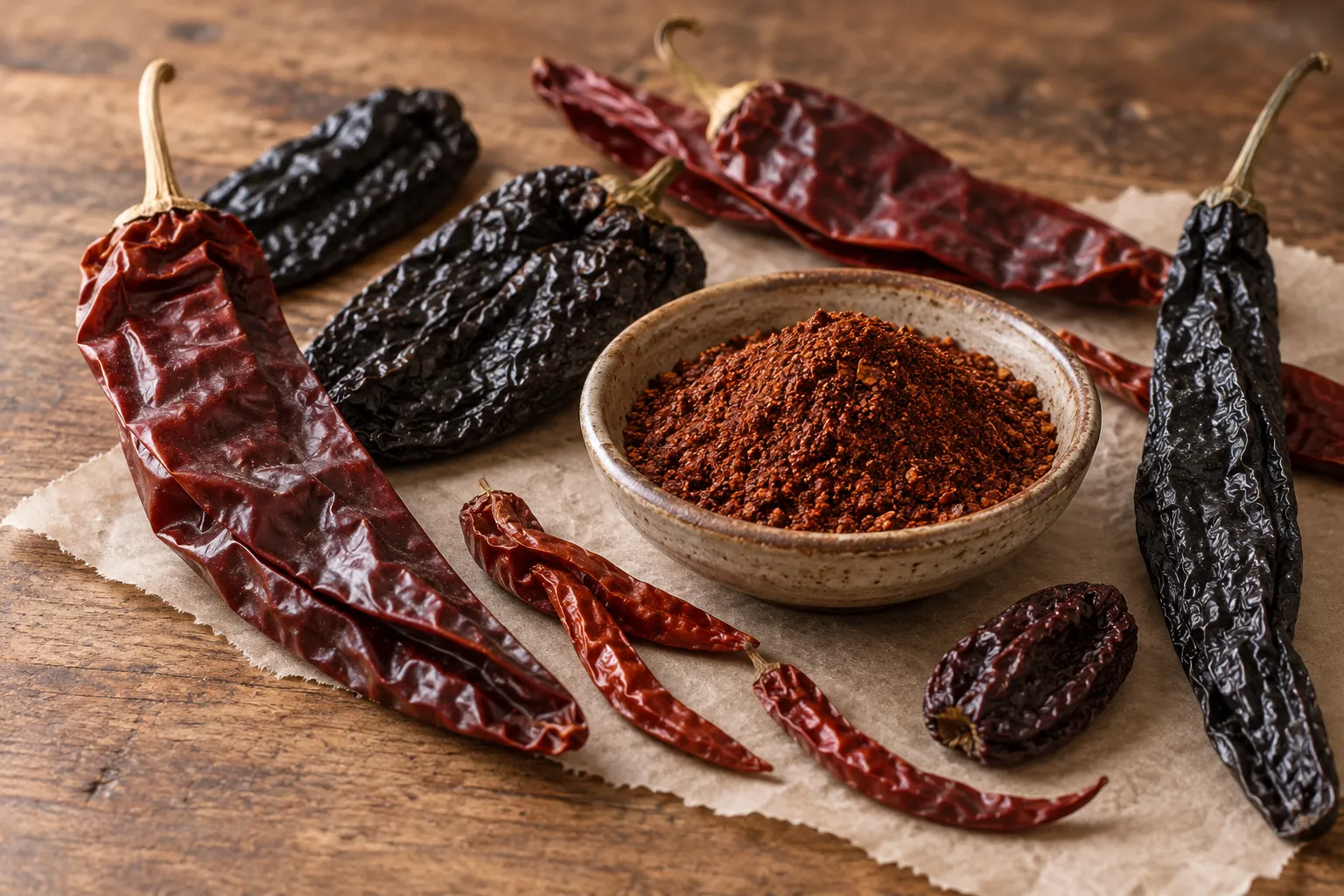 A bowl of homemade chile powder surrounded by assorted dried Mexican chiles.