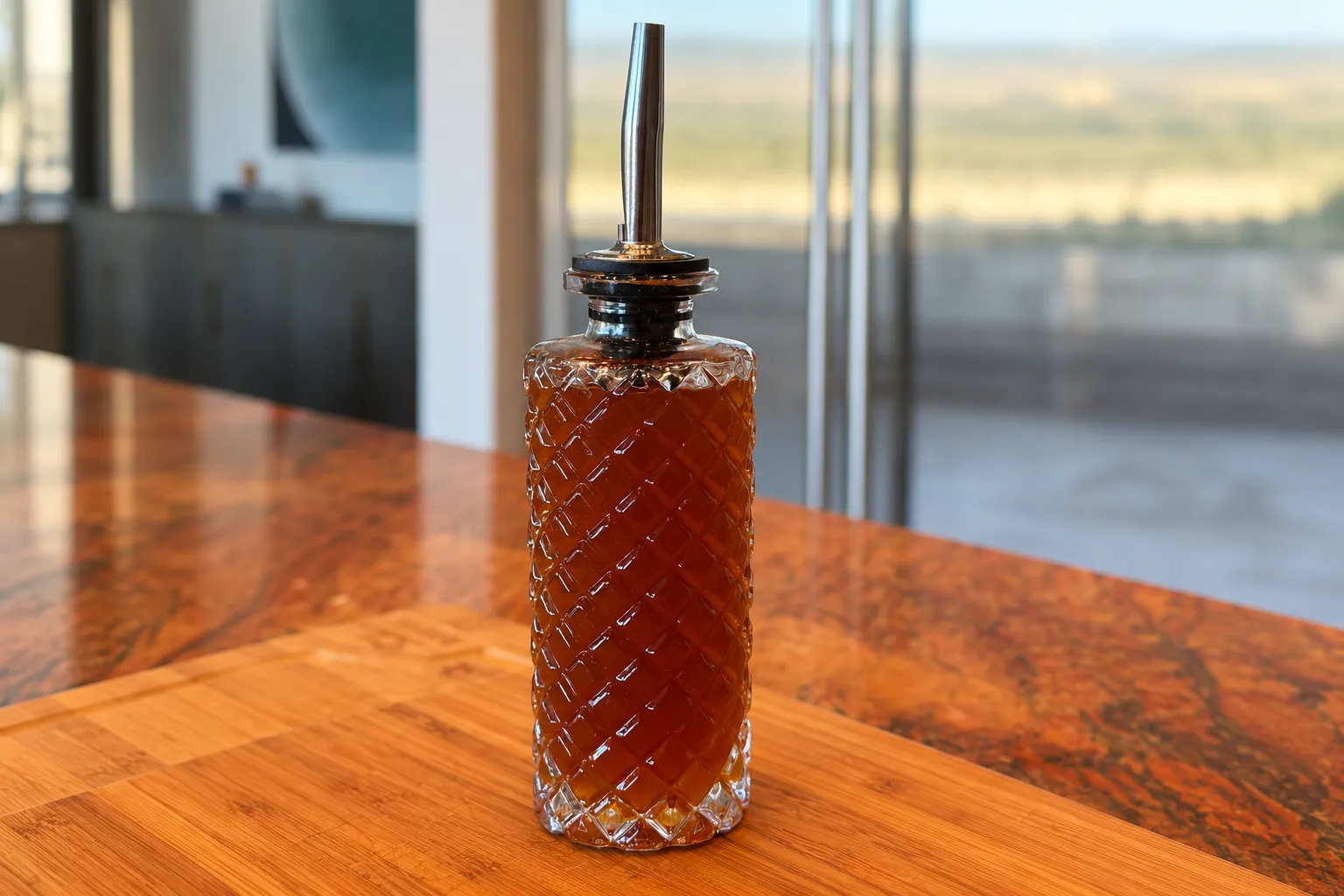 Pumpkin spice syrup in a cut-glass bottle fitted with a metal pour spout.
