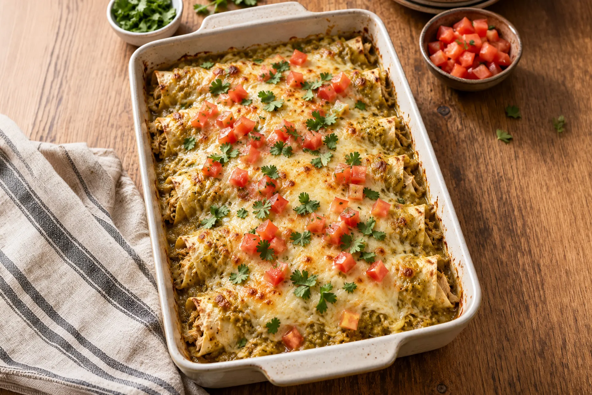 Chicken verde enchiladas baked with melted cheese and topped with diced Roma tomatoes and cilantro.