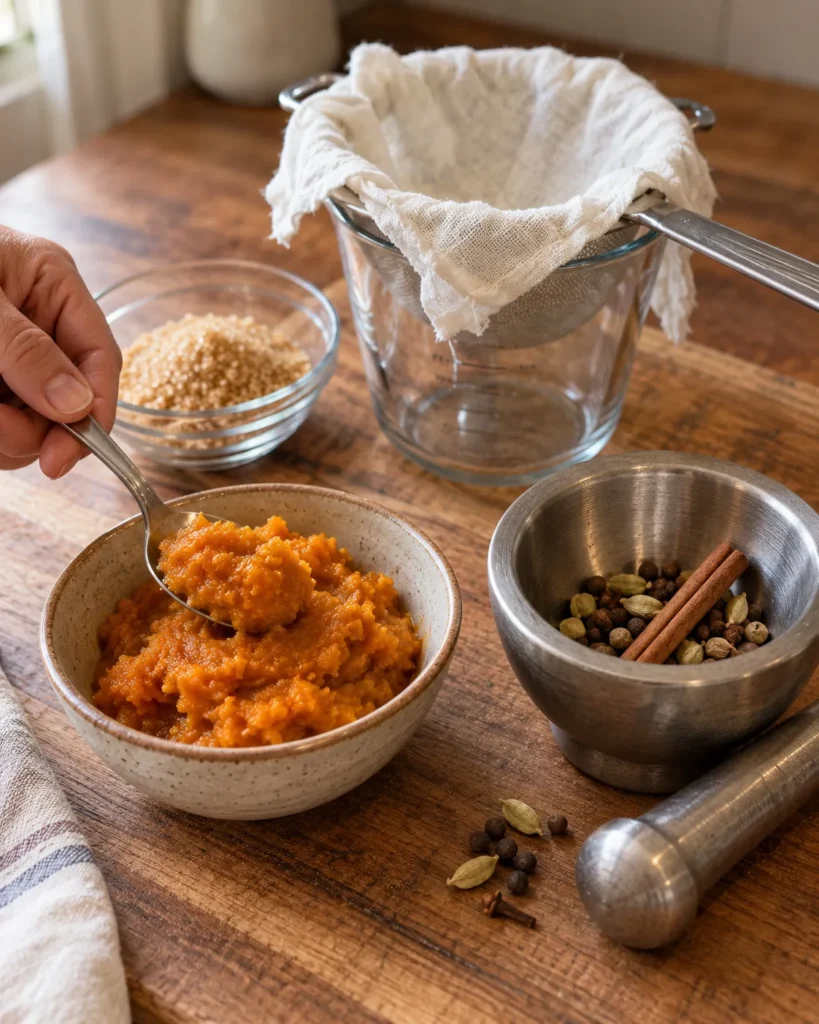 Pumpkin purée, whole spices, and a cheesecloth-lined strainer arranged for making pumpkin syrup.