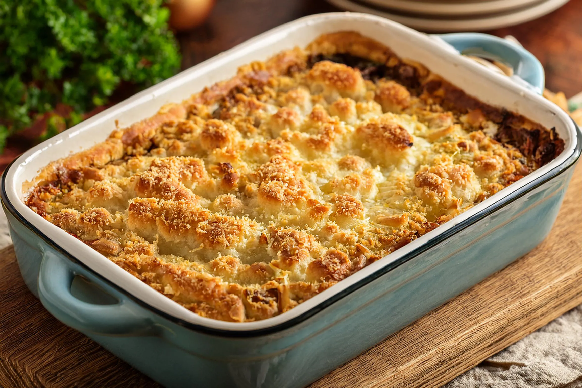 Golden-topped rotisserie chicken pot pie casserole in a pale blue baking dish.